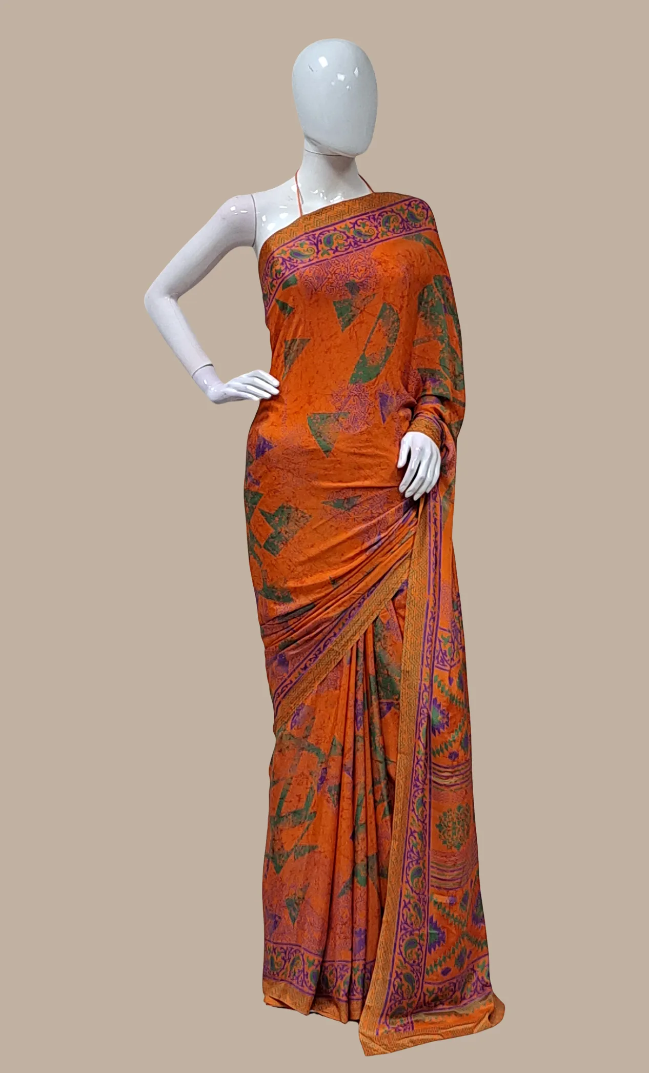 Dark Orange Printed Sari