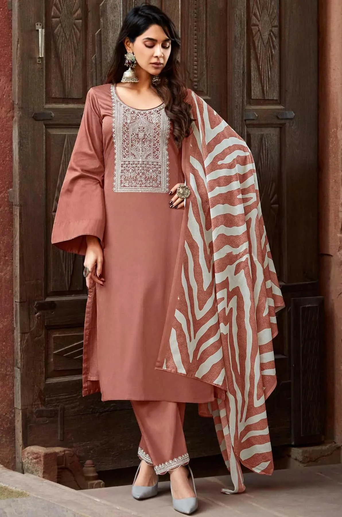 Dark Peach Pure Cotton Satin Salwar Suit with Embroidery Unstitched