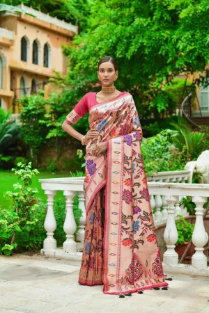 Dark Pink Floral Banarasi Silk  Saree