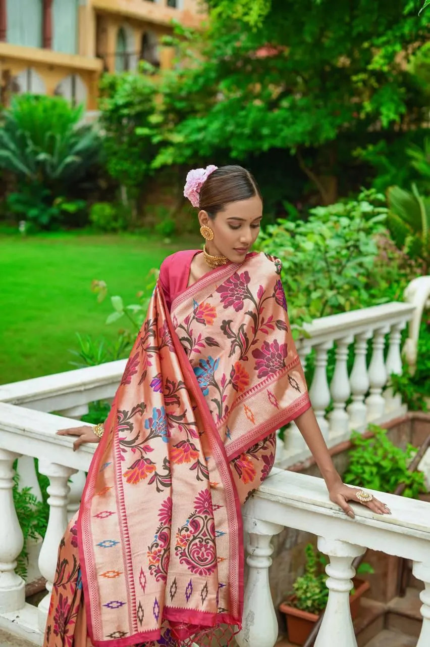 Dark Pink Floral Banarasi Silk  Saree