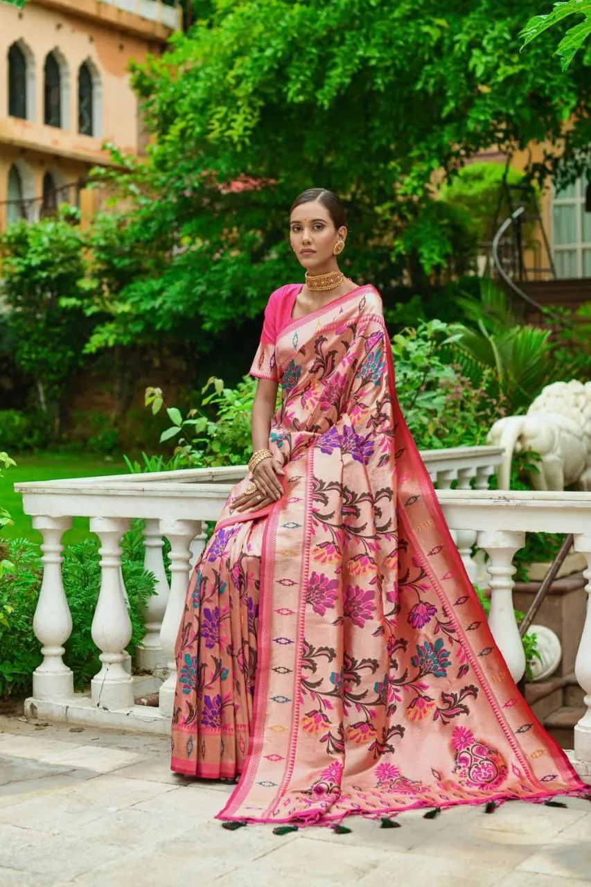 Dark Pink Floral Banarasi Silk  Saree