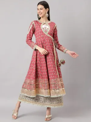 Dark Pink Floral Cotton Anarkali Kurta With Jacket