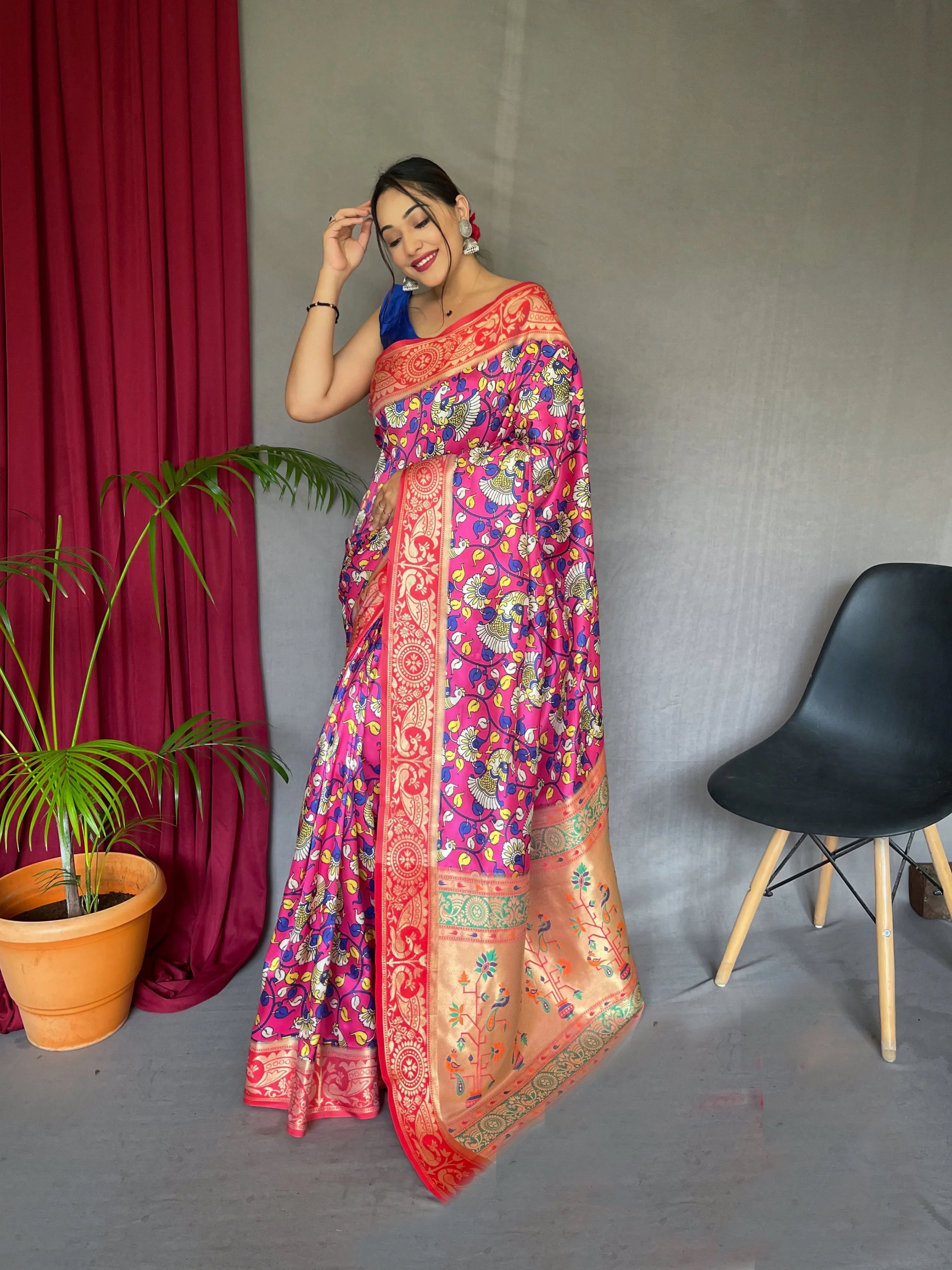 Dark Pink Saree in Kalamkari Printed Paithani Silk