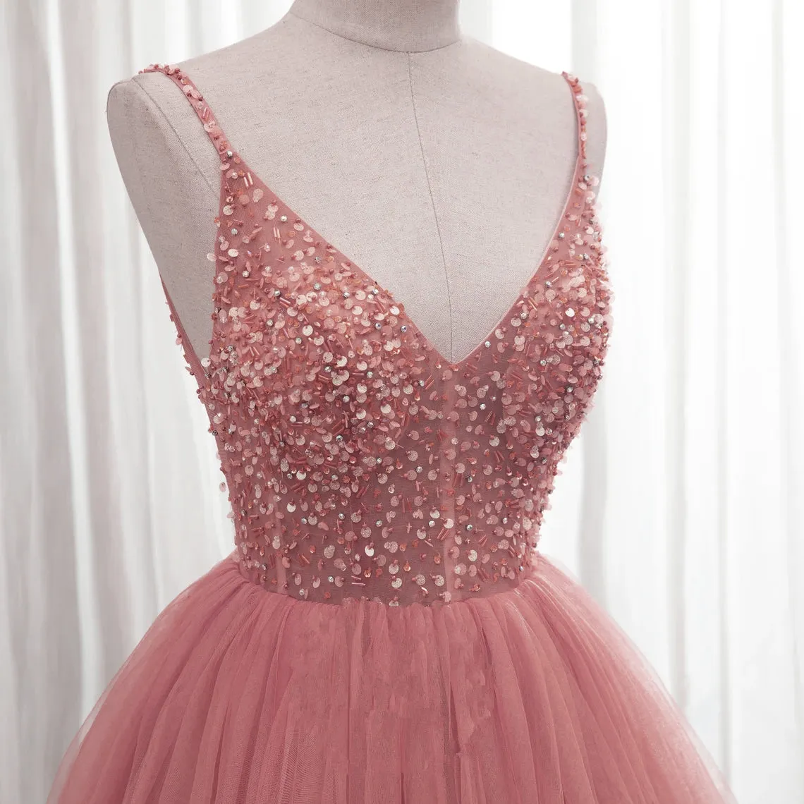 Dark Pink Sequins V-neckline Straps Long Evening Dress, Tulle Pink Prom Dress