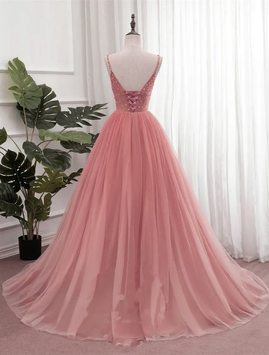 Dark Pink Sequins V-neckline Straps Long Evening Dress, Tulle Pink Prom Dress