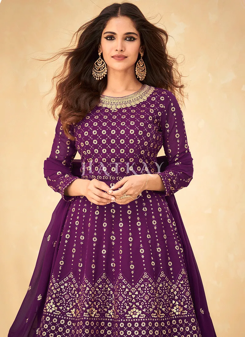 Dark Purple Embroidered Georgette Traditional Lehenga