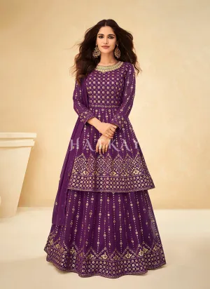 Dark Purple Embroidered Georgette Traditional Lehenga