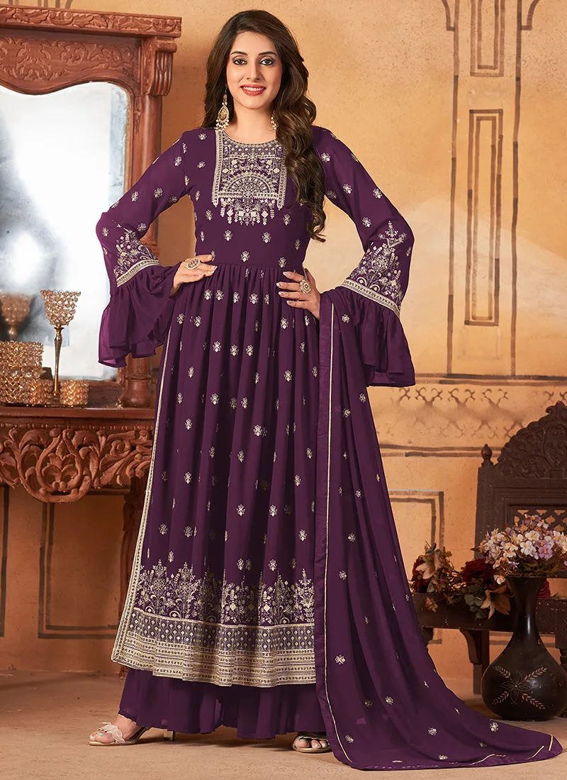 Dark Purple Georgette Embroidered Festive Palazzo Suit