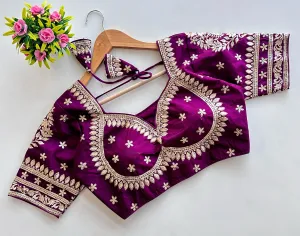 Dark Purple Golden Embroidered Blubbery Silk Blouse with Sequins