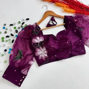 Dark Purple Hand-Painted Organza Silk Blouse with Embroidery Accents