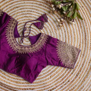 Dark Purple Luxurious Lucknowi Silk Blouse with Golden Embroidery and Sequins