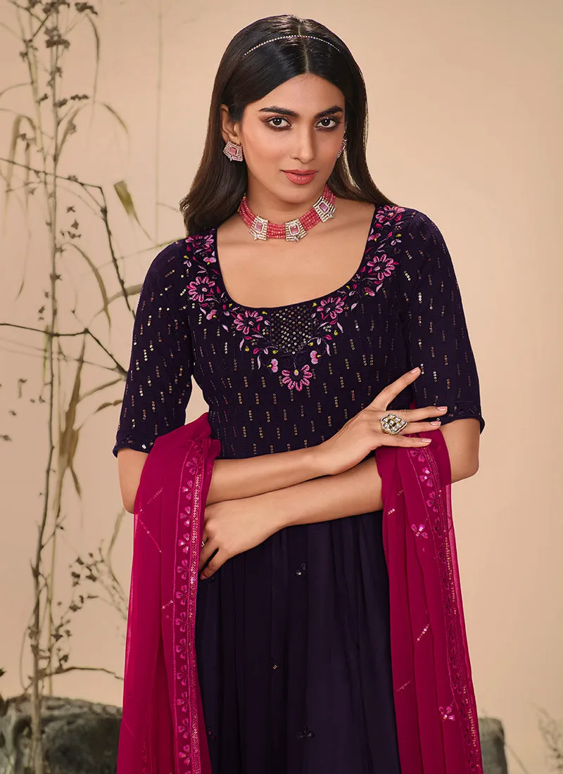 Dark Purple Sequence Embroidered Festive Palazzo Suit