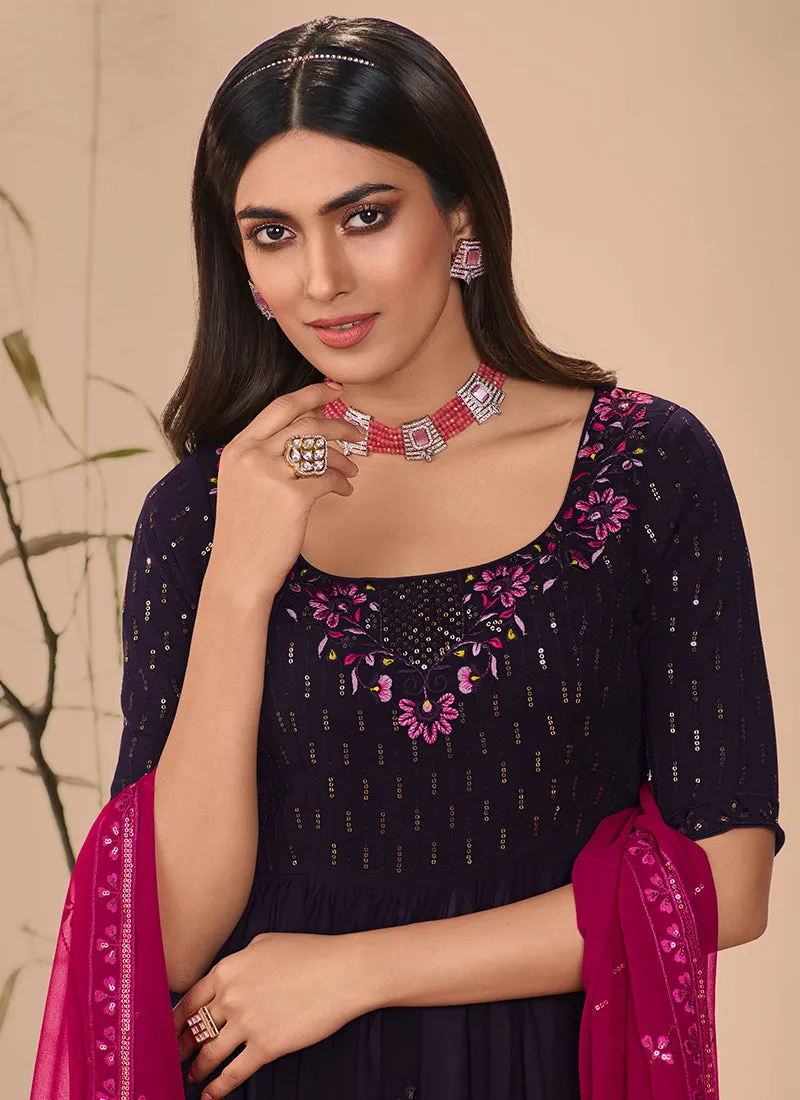 Dark Purple Sequence Embroidered Festive Palazzo Suit