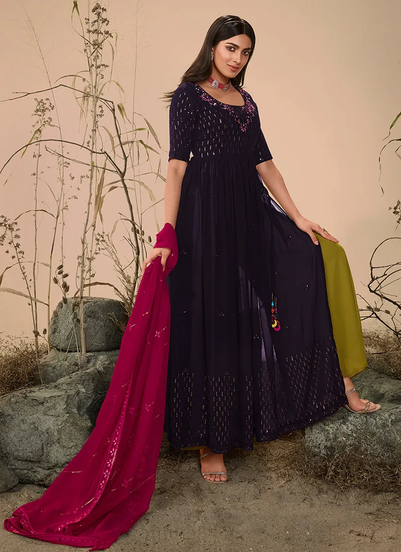 Dark Purple Sequence Embroidered Festive Palazzo Suit