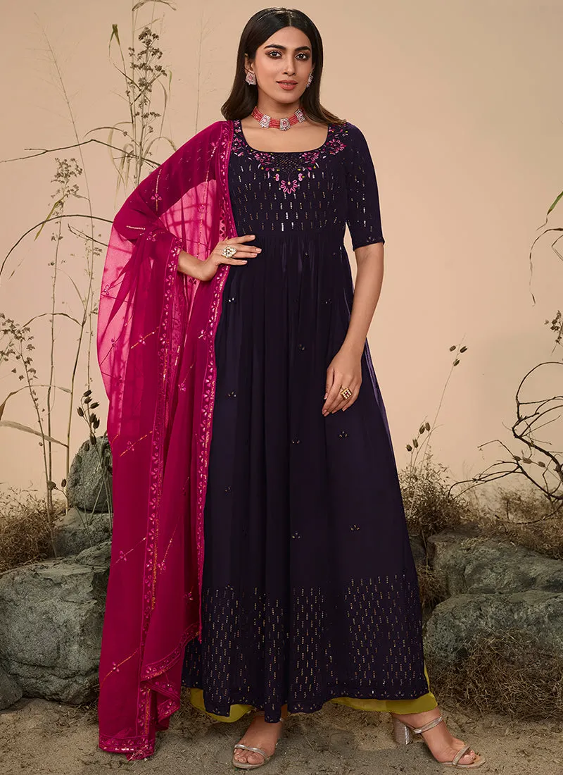 Dark Purple Sequence Embroidered Festive Palazzo Suit