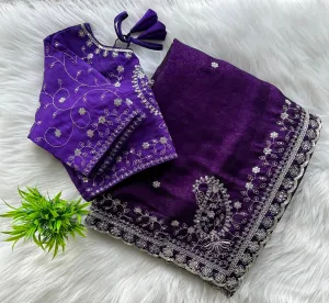 Dark Purple Soft Silk Saree with Elegant Rubber Weaving & Heavy Embroidery Work