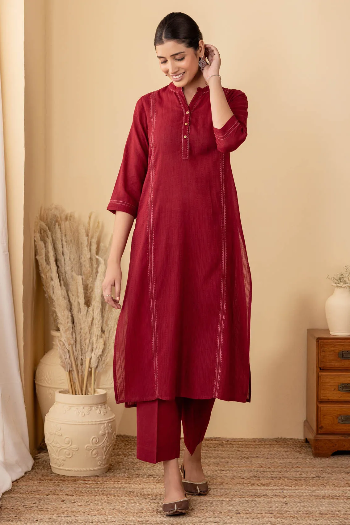 Dark Red Dobby Kurta