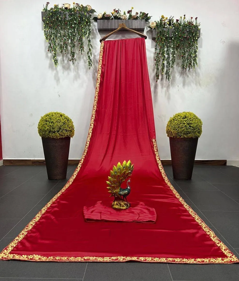 Dark Red Japan Satin Silk  Saree