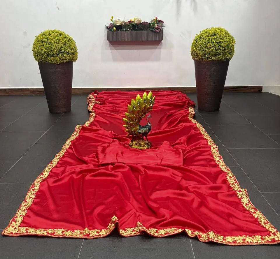 Dark Red Japan Satin Silk  Saree