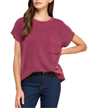 Dark Red Ribbed Pocket Tee Blouse - Made in USA