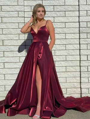 Dark Red Satin A Line Tight Long Prom Dress With Slit