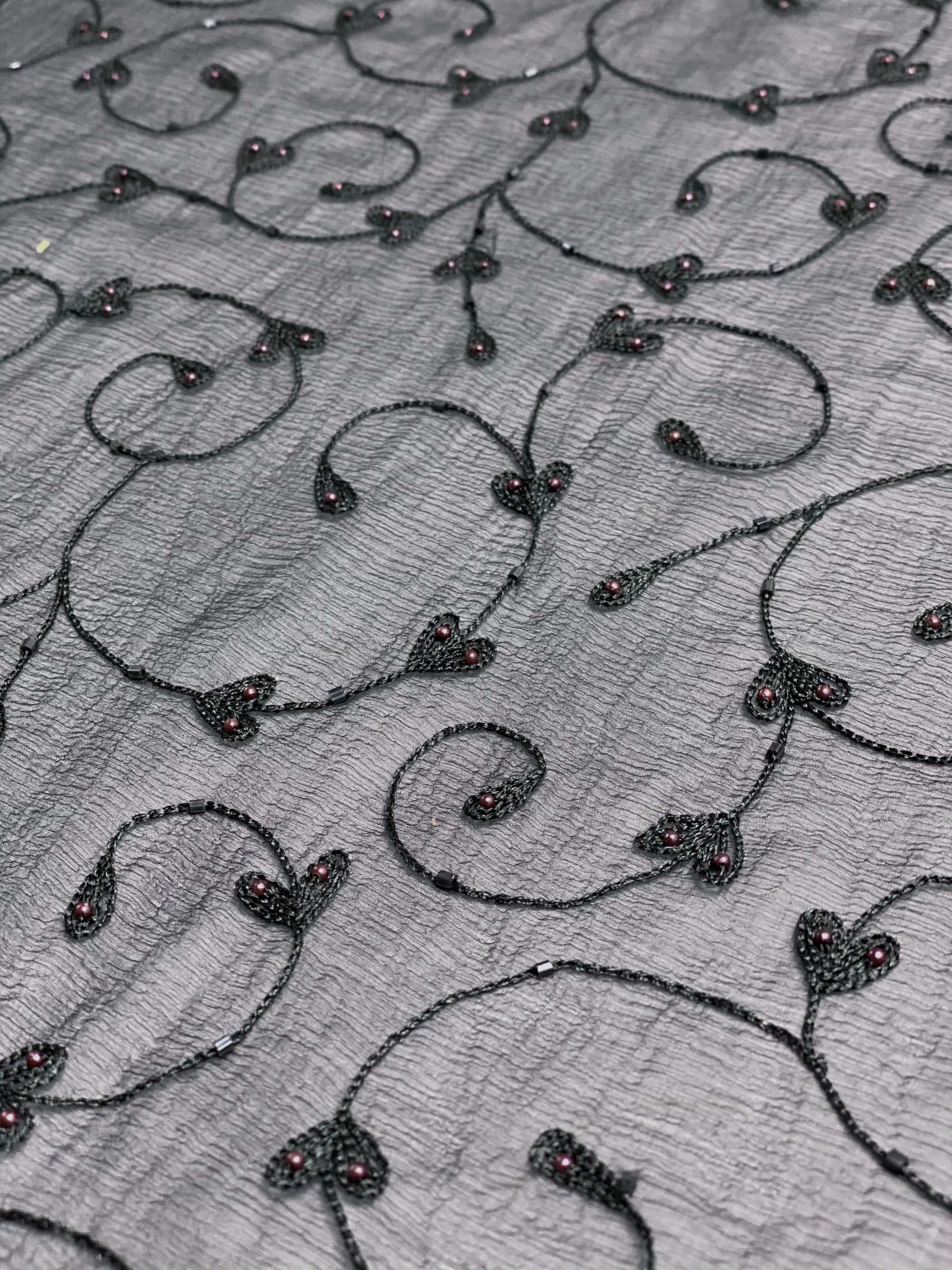 Dark Slate Sequin & Beads on Silk Chiffon JEC-164-1 Fabric