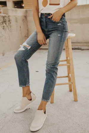 Dark Wash Distressed Mom Jeans