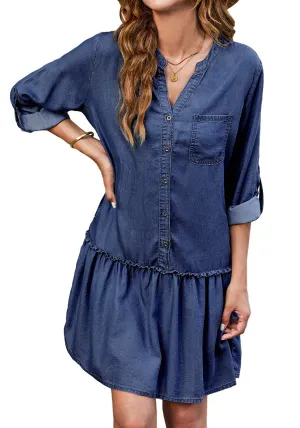 Darkness Blue Women's Brief Loose Denim Button Down Dress with Pockets