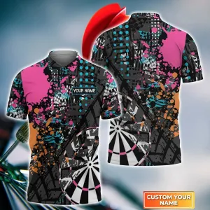 Darts Player Personalized Name 3D All Over Printed Mens Polo Shirt, Water Color Dart Shirt