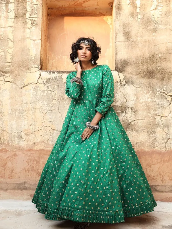 Daulat Green Embroidered Cotton Silk Gown