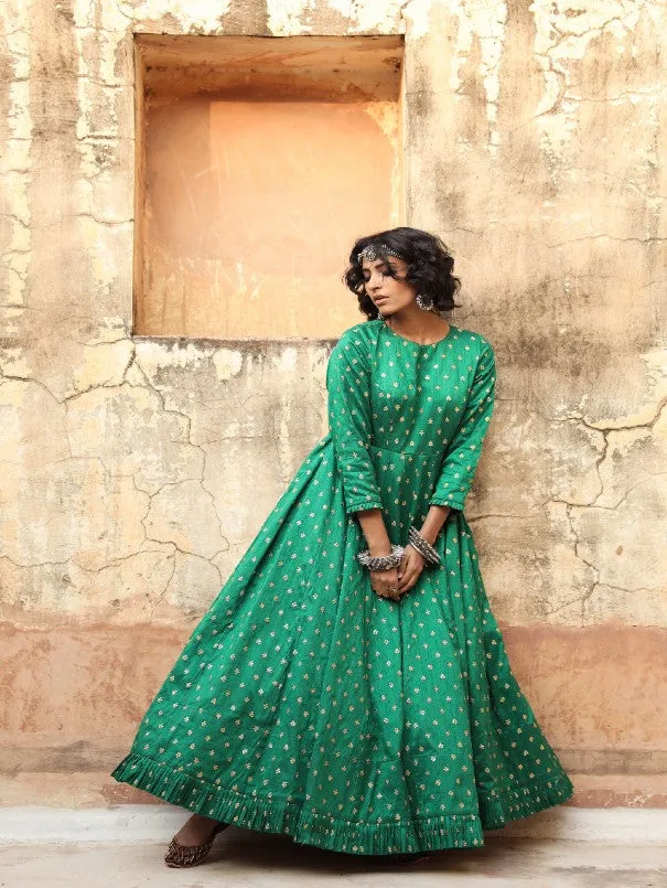 Daulat Green Embroidered Cotton Silk Gown