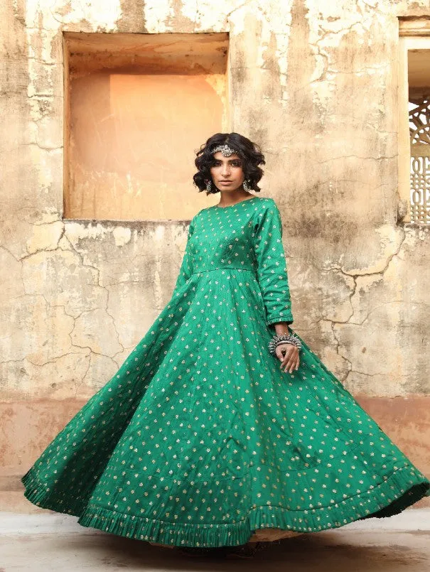 Daulat Green Embroidered Cotton Silk Gown