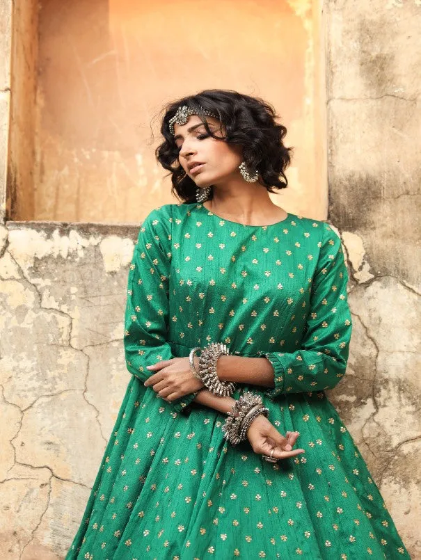 Daulat Green Embroidered Cotton Silk Gown