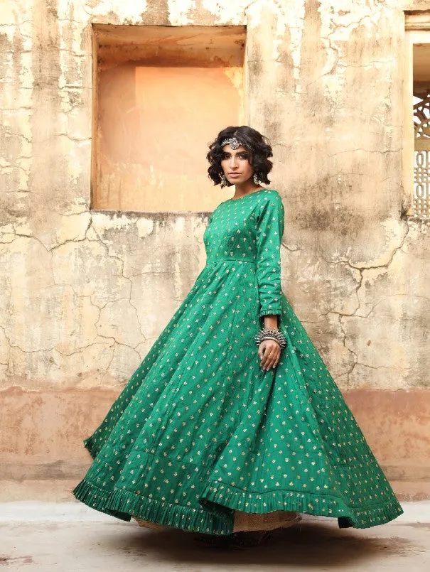 Daulat Green Embroidered Cotton Silk Gown