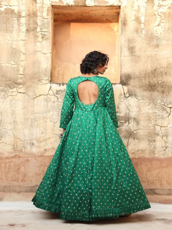 Daulat Green Embroidered Cotton Silk Gown