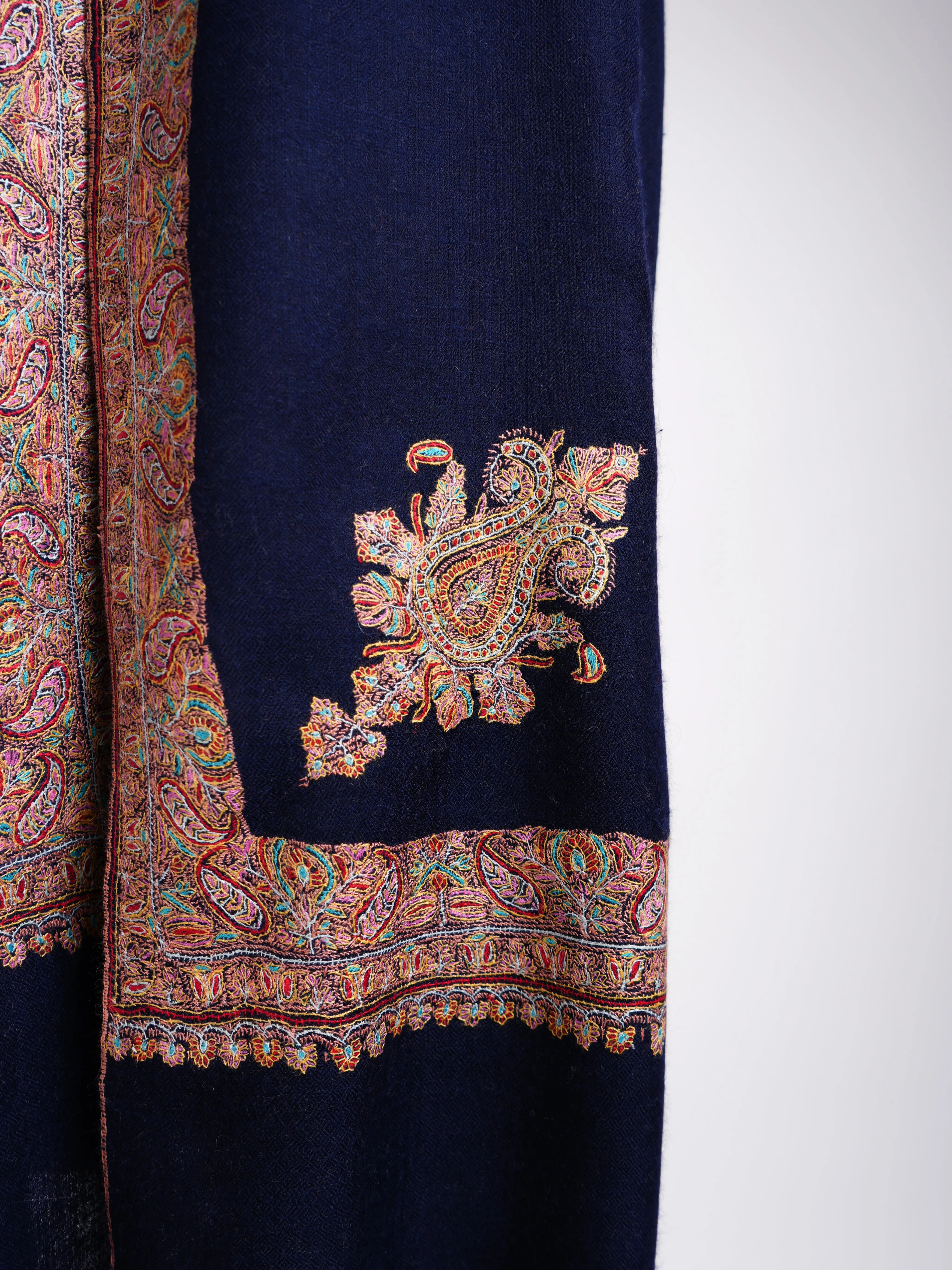 Daur Dar Sozni Hand Embroidery Pashmina Shawl Dark Blue