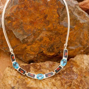 David Rosales Red Canyon Inlaid Sterling Silver Necklace w/ Blue Topaz