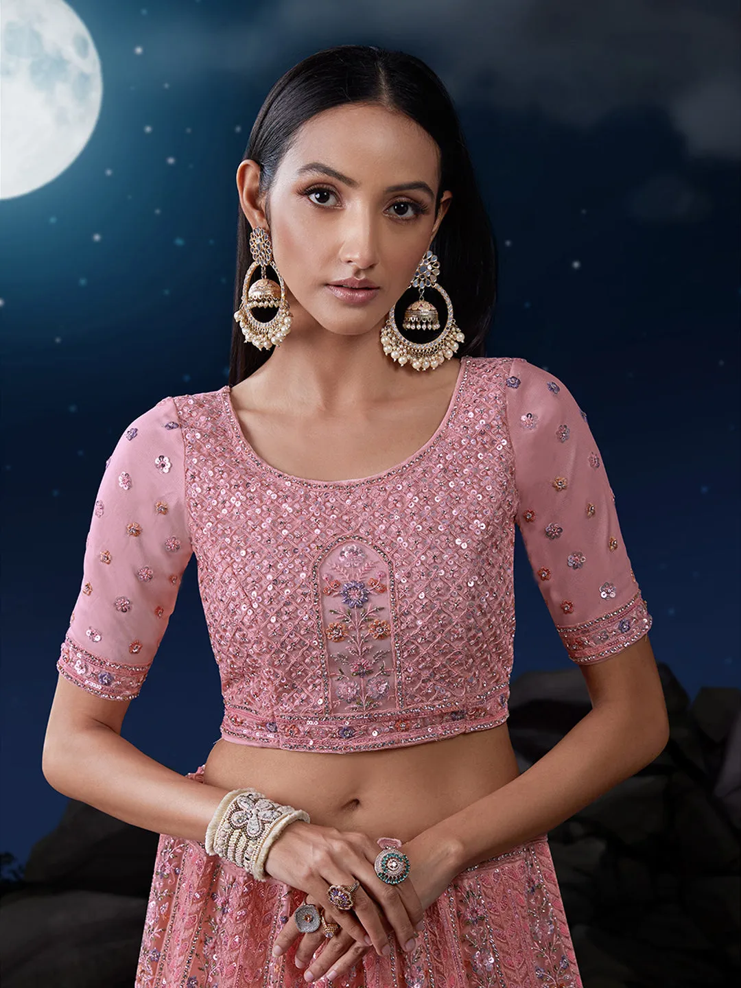 Dazzle in Delicate Pink Shimmering Sequence Lehenga Choli Set