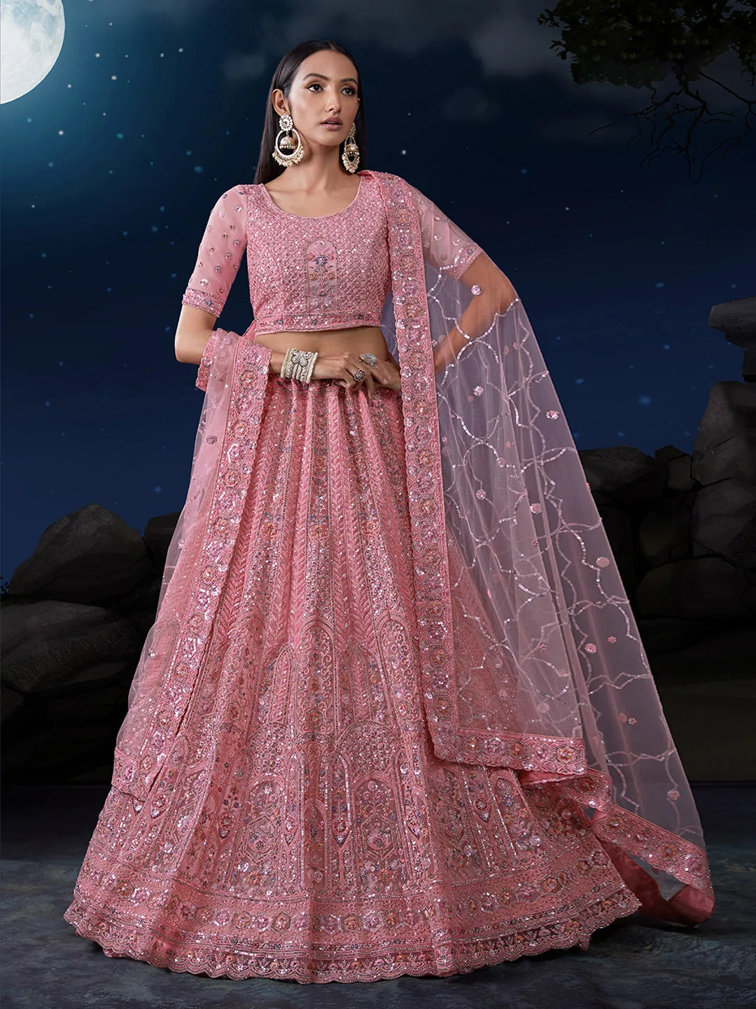 Dazzle in Delicate Pink Shimmering Sequence Lehenga Choli Set