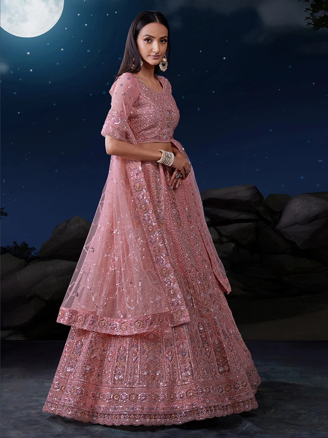 Dazzle in Delicate Pink Shimmering Sequence Lehenga Choli Set