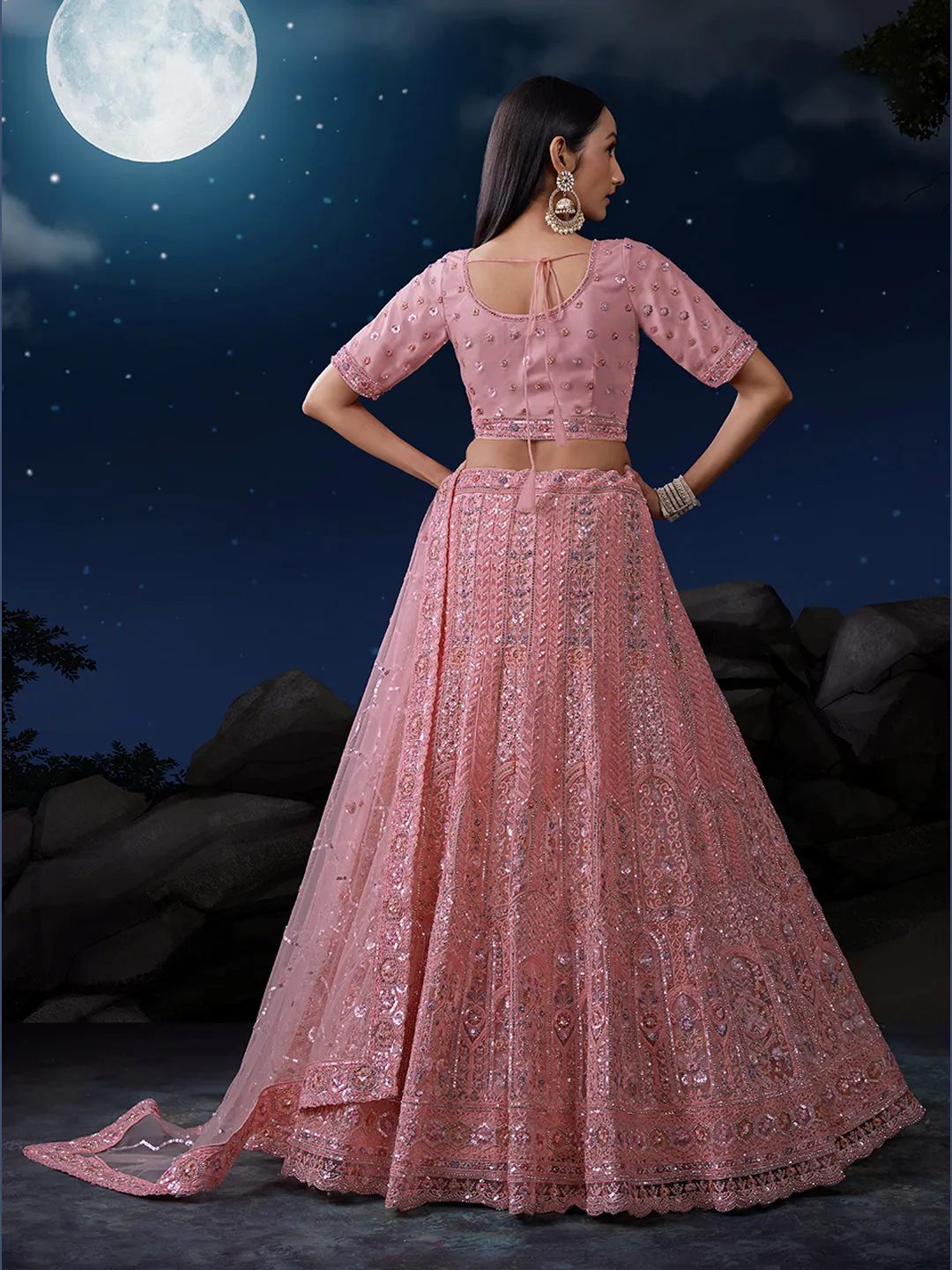 Dazzle in Delicate Pink Shimmering Sequence Lehenga Choli Set