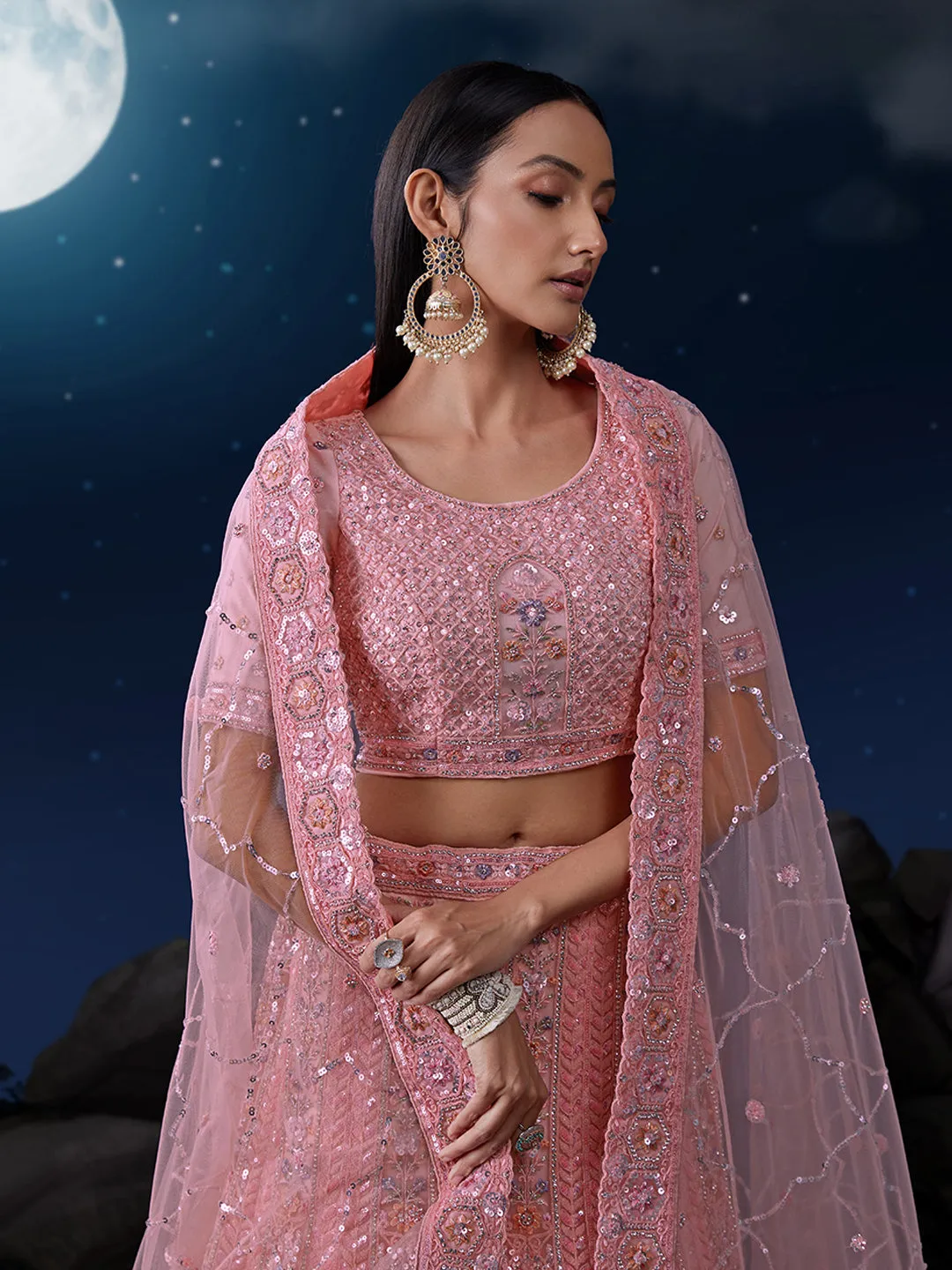 Dazzle in Delicate Pink Shimmering Sequence Lehenga Choli Set