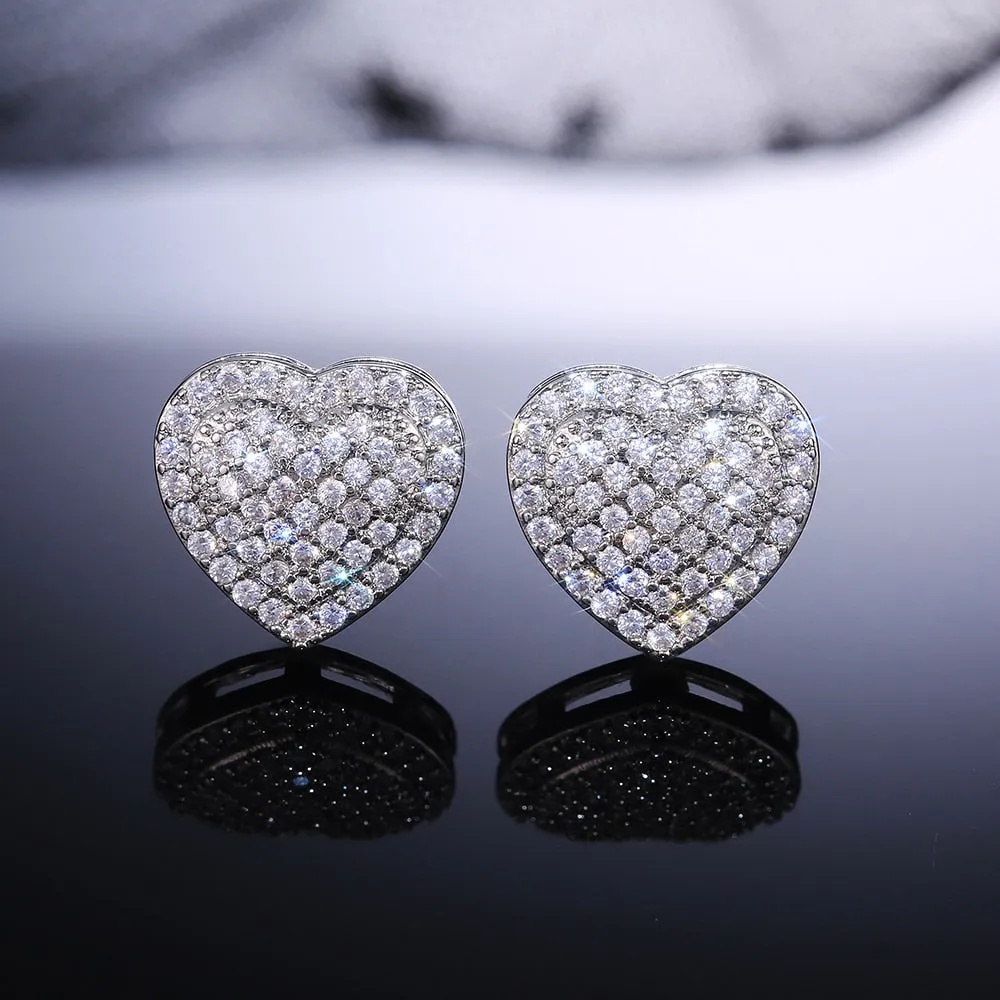 Dazzling Heart Stud Earrings for Women with Cubic Zirconia in Silver Color