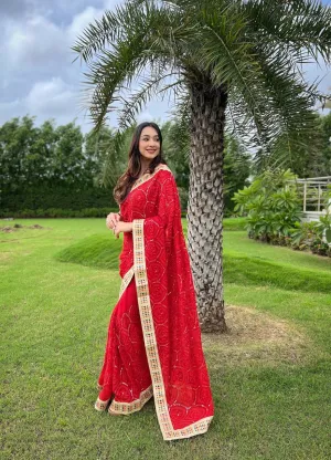 Dazzling Red Karva Chauth Georgette Chikankari Saree with Sequined Border & Viscose Thread Embroidery