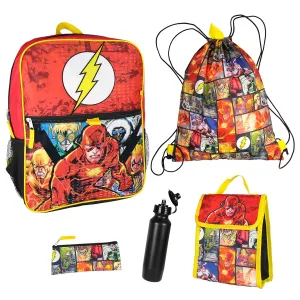 DC Comics The Flash 16" Backpack Cinch Bag Water Bottle Lunch Tote 5 Pc Set