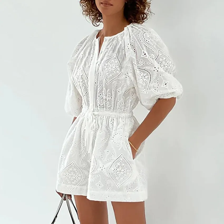 deanwangkt European and American fashion casual white Jacquard jumpsuit shorts women summer waist cotton bubble sleeve jumpsuit