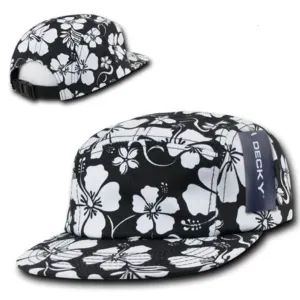 Decky Black & White Floral Hawaiian 5 Panel Cotton Racer Flat Bill Caps Hats