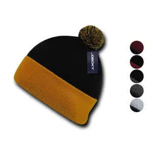 Decky Pom Pom Two Tone Beanies Long Cuffed Tight Stretchy Knitted Ski Caps Hats