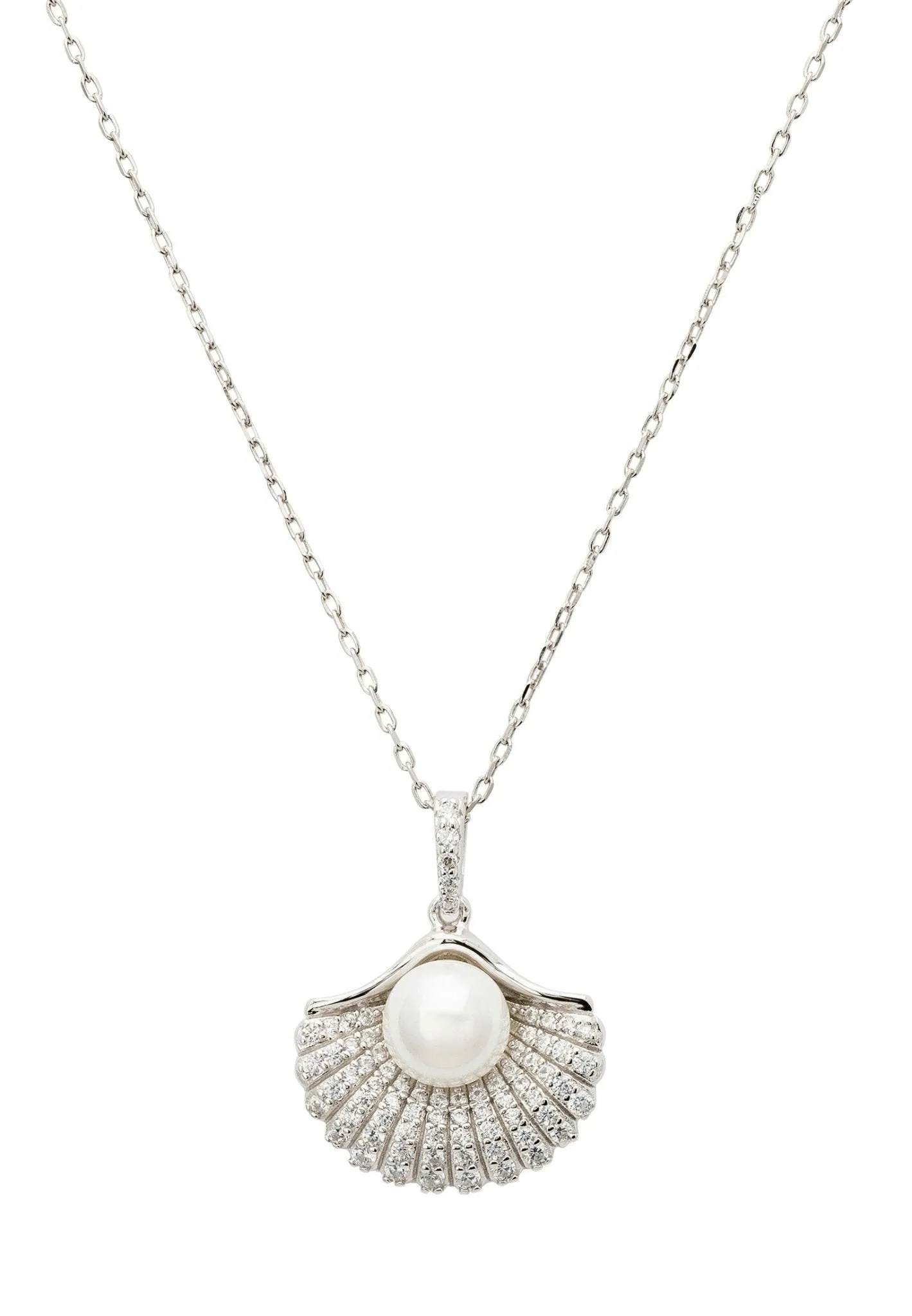 Deco Fan And Pearl Pendant Necklace Silver