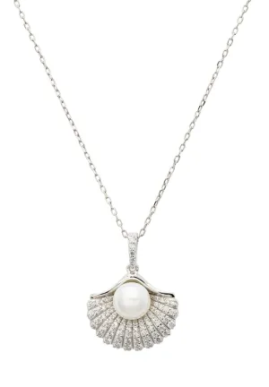 Deco Fan And Pearl Pendant Necklace Silver